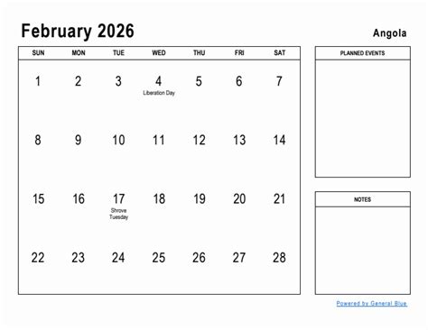 February Planner With Angola Holidays