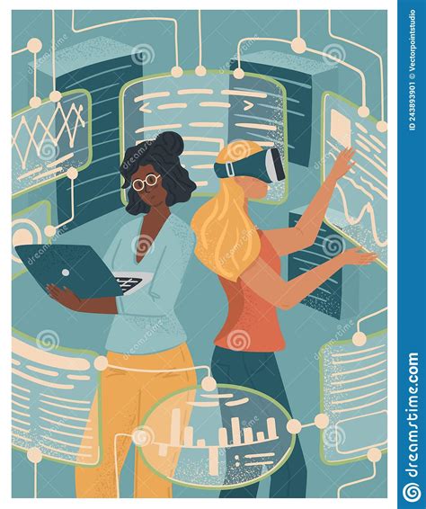 Woman in VR Glasses Working with Virtual Reality Screens. Black and