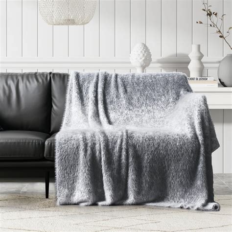 Faux Fur Throw Blanket Grey with White Tipped Blankets Long Pile Double ...