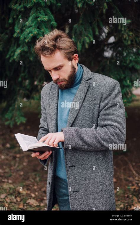 Portrait Handsome Bearded Man Wearing Glasses Blue Shirt Man Near