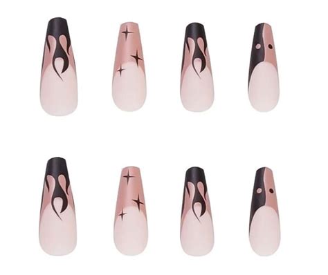 Matte Tan Nude Coffin Extra Long Press On Nails Black Flame Brown