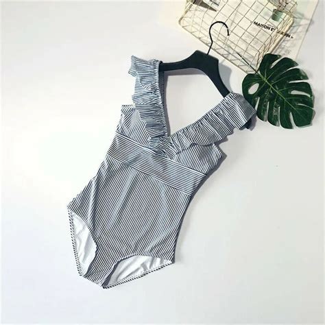 Las Mujeres Bikini De Rayas Azules Nuevo Sexy V Cuello Una Sola Pieza