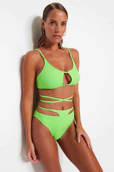 Trendyol Collection Green Cut Out Window High Waist Normal Leg Bikini Bottom Tbess Ba