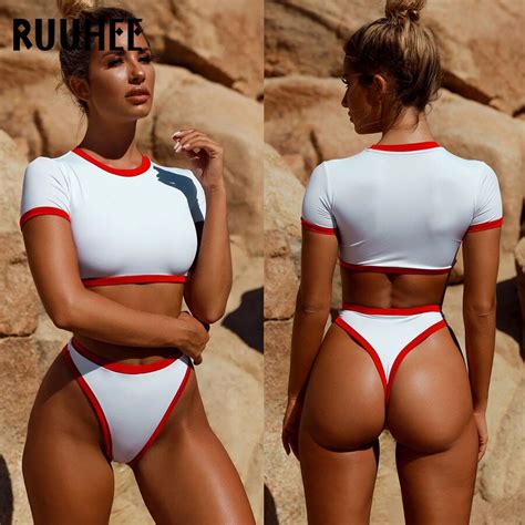 Free Shipping Ruuhee Short Sleeve Bikini Swimwear Women Sport Swimsuit