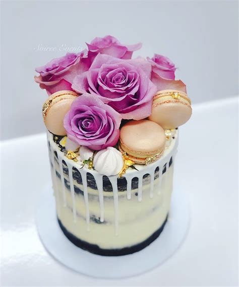 Semi Naked Drip Cake With Fresh Roses And Macarons Soiree