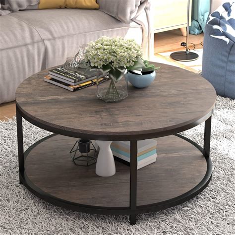 Smuxee 315 Round Coffee Table 2 Tier Espresso Wood Living Room Table With Storage