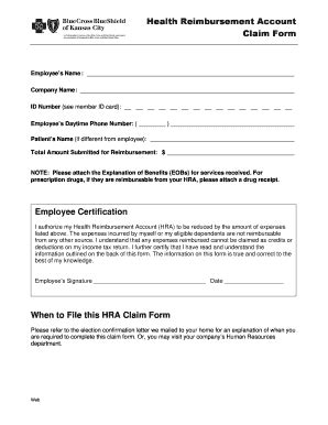 Fillable Online Health Reimbursement Account Claim Form When To File