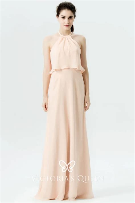 Nude Chiffon Ruffled Halter Neck Long Bridesmaid Dress Vq