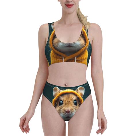 Logiee Modern Yellow Sweater Guinea Pig Print Women S Piece Bikini Set Halter Bathing Suit