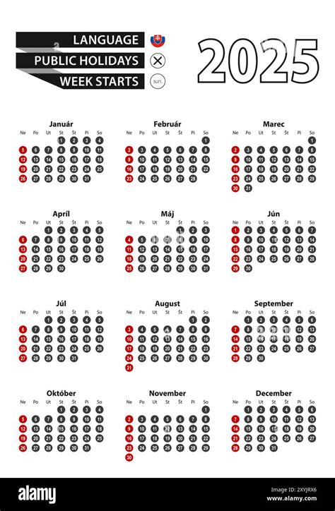 Slovak calendar 2025 with numbers in circles, week starts on Sunday