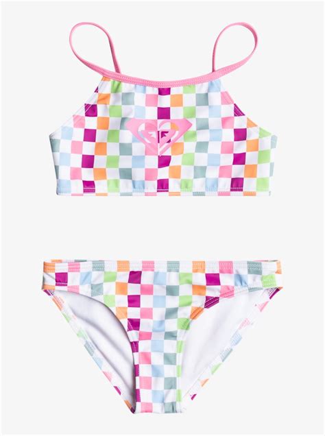 Women Roxy Swim Girls Rainbow Check Two Piece Crop Top Bikini Set Bright White Check