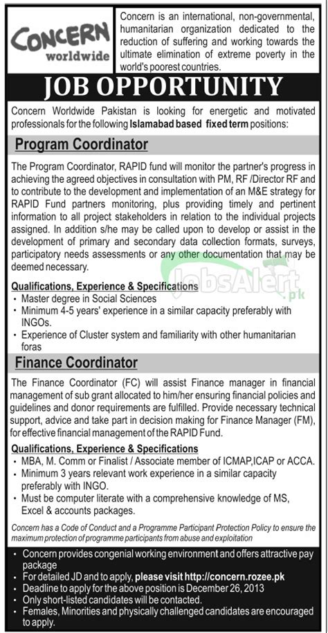 jobs  finance coordinator  concern worldwide islamabad jobsalertpk