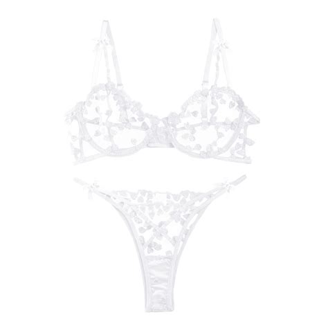 Sexy Underwire Cute Push Up Strappy Embroidered Mesh Sheer Lingerie Set See Through Panty Bra