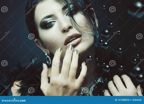Beautiful Brunette Girl With Black Pearls Stock Photo Image Of Jewelry Fashion