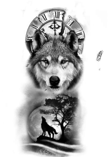 Wolf Tattoo Sleeve With Tree And Clock