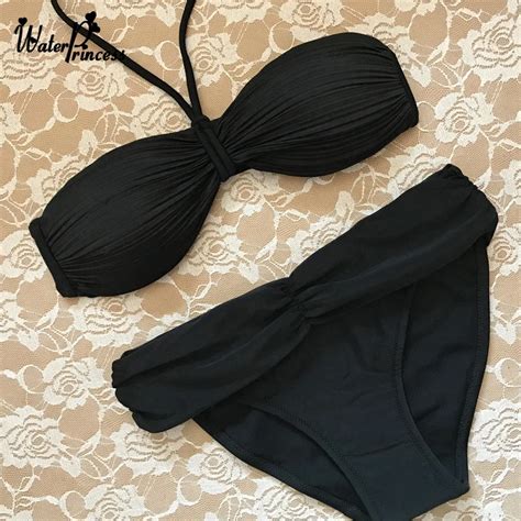 Black Sexy Bikini 2019 Women Swimwear Halter Padded Bra Top Gathered