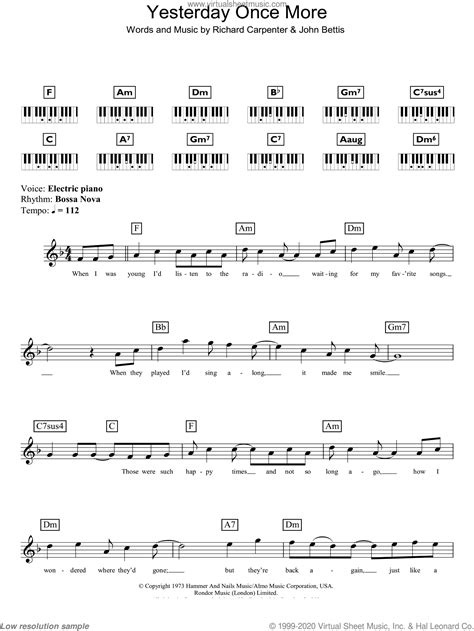 Yesterday Once More Sheet Music For Piano Solo Chords Lyrics Melody V