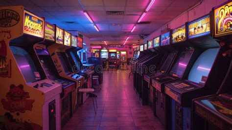 An Empty Arcade Room with Rows of Video Games and Neon Lights Stock ...