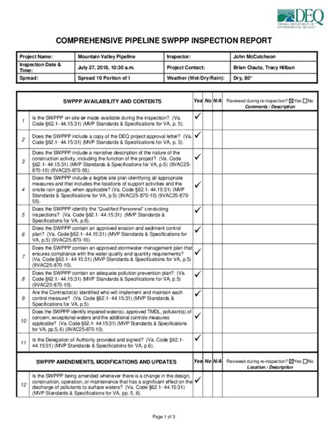 Fillable Online Comprehensive Pipeline Swppp Inspection Report Spread