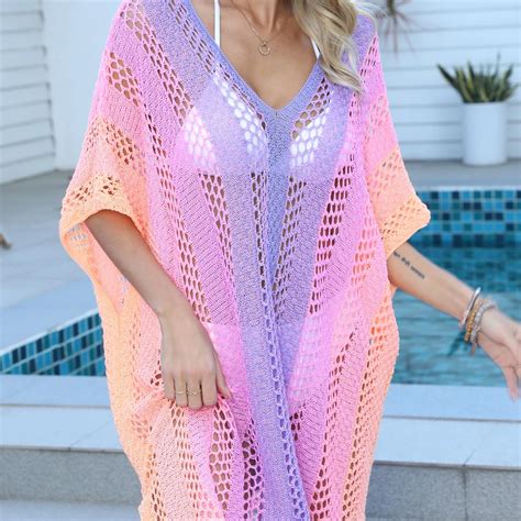 Fashion Summer Crochet Beach Wearing Women Swimsuit Rainbow Knit Loose Bikini Cover Up