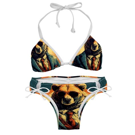 Vintage Bear Detachable Sponge Adjustable Strap Bikini Set Two Pack Swim Suits Ideal For Beach