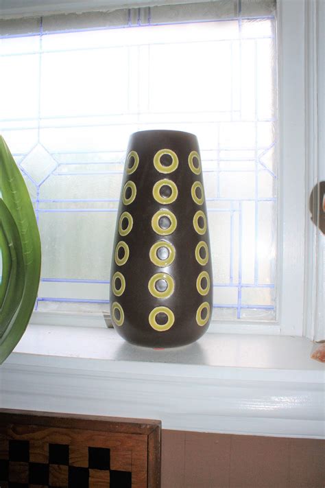 Large Mid Century Modern Pottery Vase Brown With Green Circles