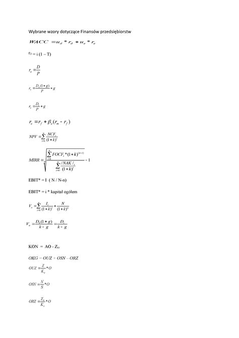 Wzory podstawy finansów Wybrane wzory dotyczące Finansów