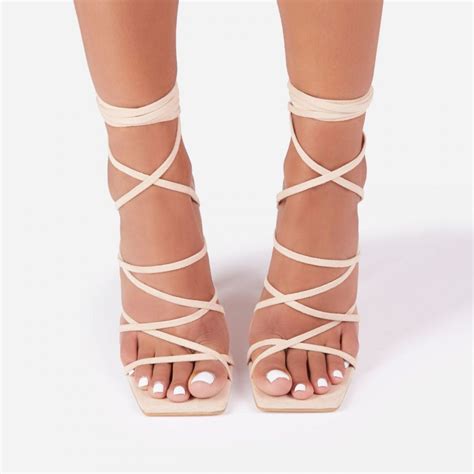 Influence Strappy Lace Up Square Toe Sculptured Heel In Nude Faux Suede Shoes Post