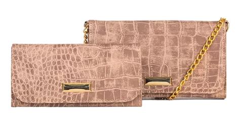 Kit Bolsa Feminina Balada Croco Pequena Carteira Nude Parcelamento Sem Juros