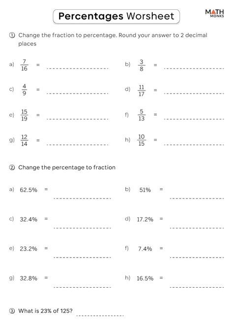 grade  percentage worksheets math monks