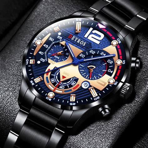 DEYROS Men S Waterproof Quartz Business Wacthes Black Stainless Steel