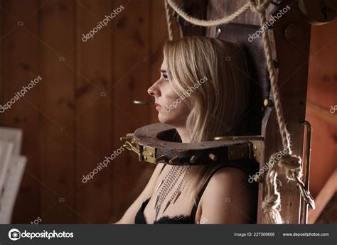 Beautiful Blonde Girl Lingerie Chair Torture Suffering Barn Hay Stock Photo By Agnadevi 227569666
