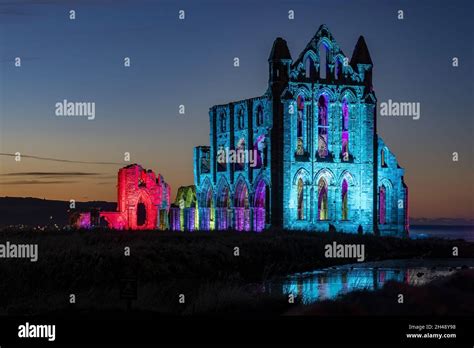 Illuminated Whitby Abbey October 2021 Stock Photo - Alamy