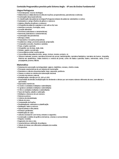 Português 6 Ano Conteúdo - Conteúdo Programático 6º Ano Português | PDF | Palavra | Substantivo