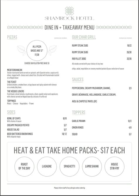 Menu at Shamrock Hotel restaurant, Mackay