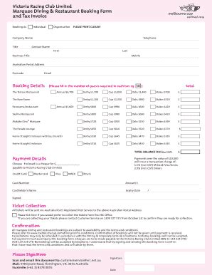 Fillable Online Marquee Dining Restaurant Booking Form And Tax