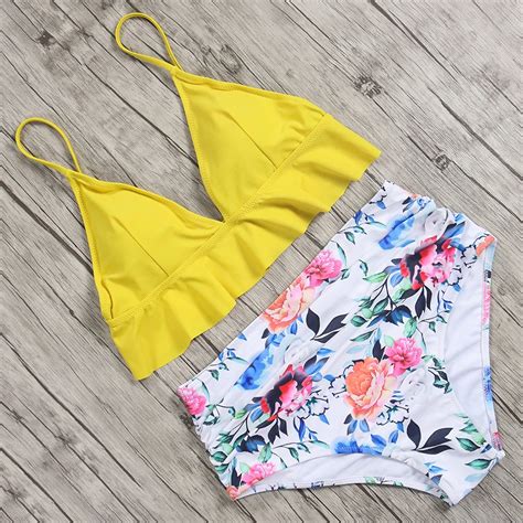 Yellow Swimsuit High Waist Swimsuit V Neck Bikini Set Floral Bikini Halter Women Bathing Suit