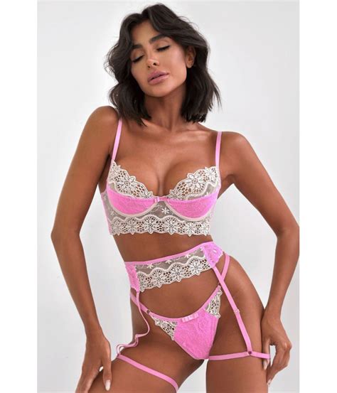 Ensemble Lingerie Sexy Dentelle Rose Pour Femme String Avec Porte Jarretelle Demi Bonnet