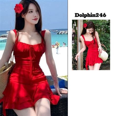 Bikini Đi Biển 1 Mảnh Liền Thân Tặng Kẹp Hoa Đồ Bơi Nữ Đỏ 2 Dây Nhún Thân Bèo Dáng Váy Kèm Quần