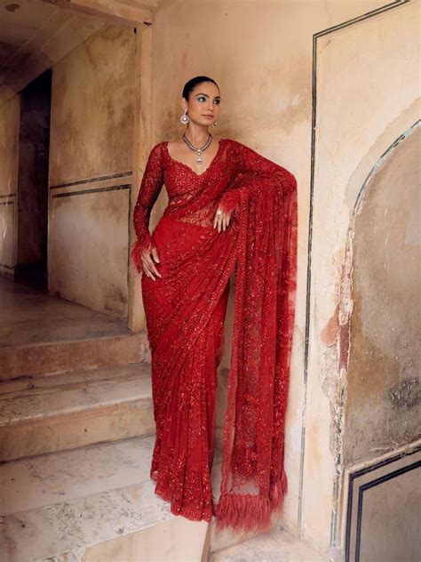 bollywood red butterfly net saree  heavy mm sequins embroidery