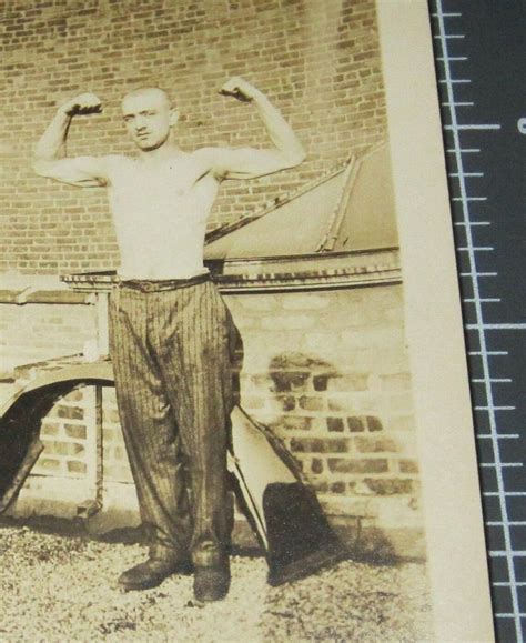 Muscle Man Beefcake Shirtless Rooftop Shaved Head Vintage Gay Snapshot Photo