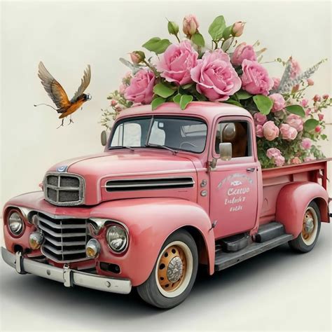 Premium Photo A Water Color Of A Pink Antique Ford Truck Filled With Chinese Rose Pussy Willow