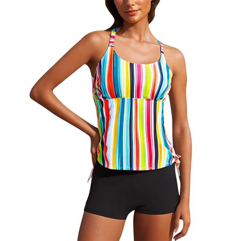 Hot Days Bold Styles Utsjkr Striped Tankini Swimsuits For Women Padded Long Torso Top With