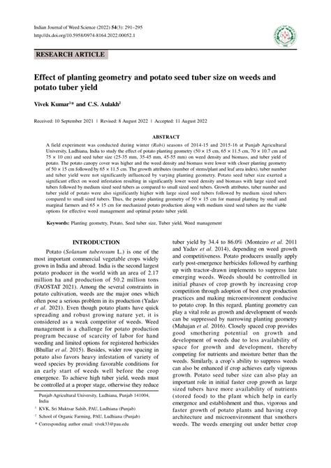 Pdf Effect Of Planting Geometry And Potato Seed Tuber Size On Weeds