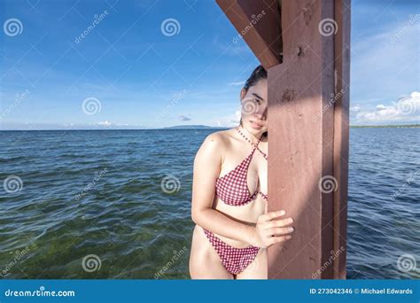 Una Alegre Y Sexy Dama Asi Tica En Un Bikini De Dos Piezas Posando