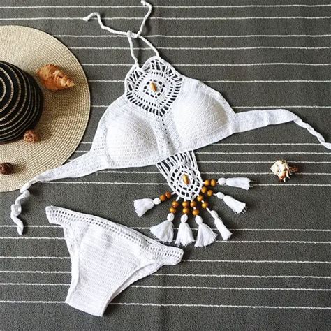 Tejer Traje De Ba O Crochet Bikini Bohemia Estilo De Hombro Ba O De Cuello Alto Bikinis