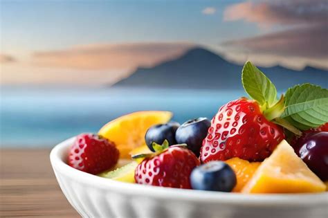 Premium Photo | A bowl of fruit with a mountain in the background