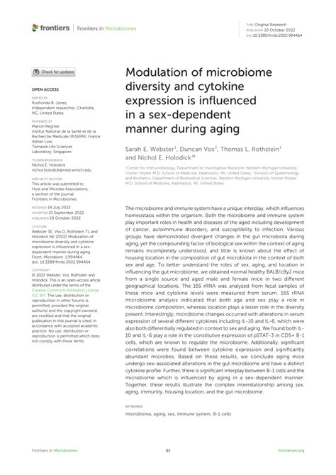 PDF Modulation Of Microbiome Diversity And Cytokine Expression Is Influenced In A Sex