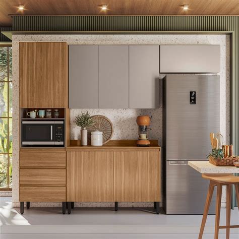 Cozinha Compacta Elegance Portas Gavetas Prateleiras Amêndola Touch Nude Prime Tx Pnr