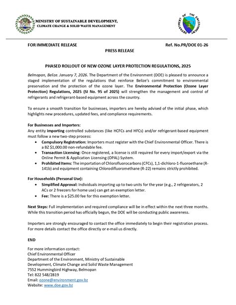 Belize - 📢Press Release 📢 PHASED ROLLOUT OF NEW OZONE LAYER PROTECTION